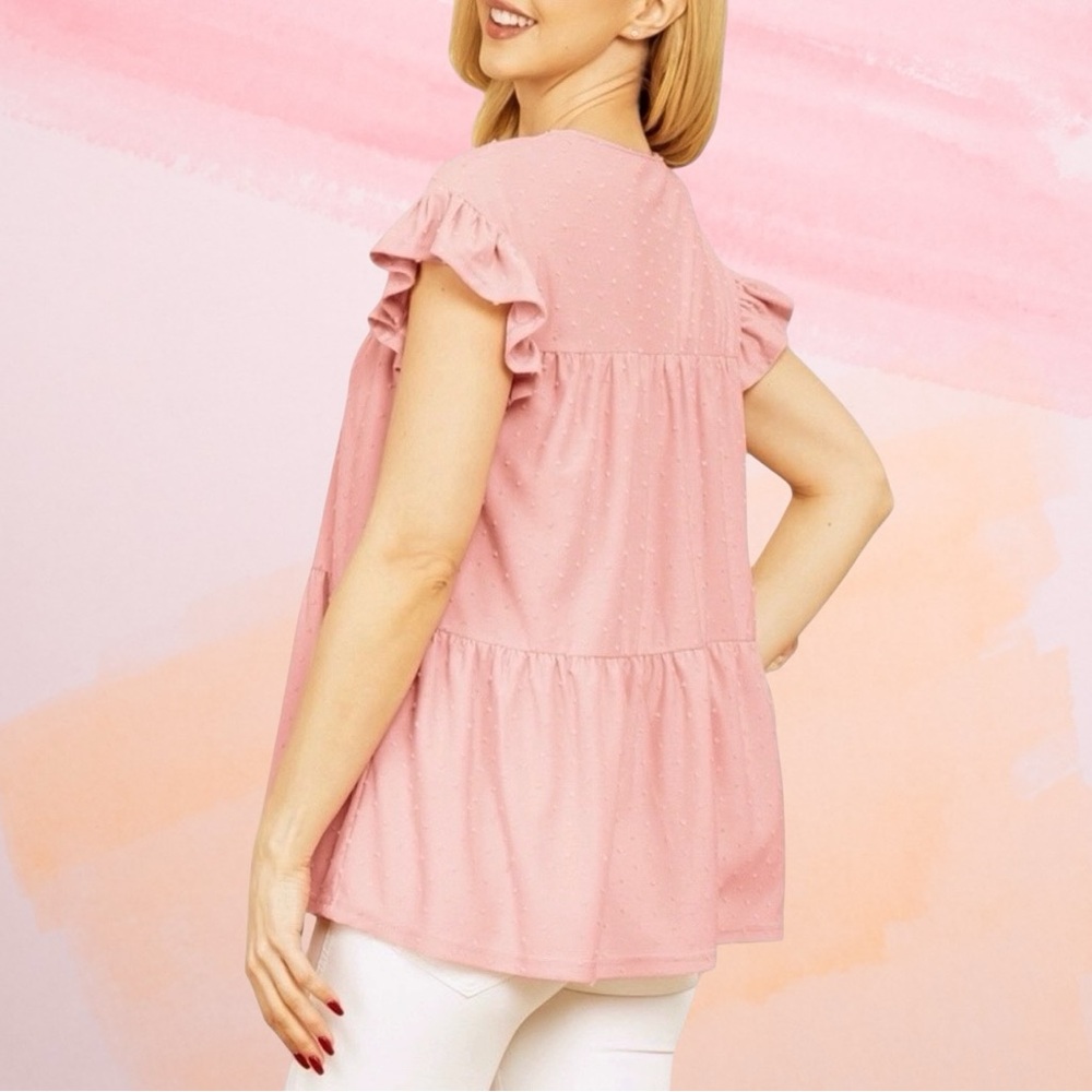Perfect Peach Swiss Dot Ruffle Cap Sleeve Tiered Top Women’s Plus 1X Dusty Pink - Picture 2 of 10